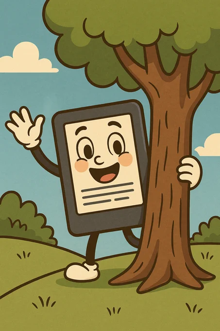 Cartoon illustration of a smiling Kindle e-reader with a face, arms, and legs, peeking out from behind a tree while waving. The scene is bright and cheerful with a blue sky, fluffy clouds, green hills, and bushes in the background.