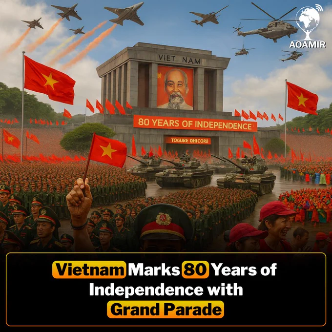 Vietnam proudly celebrated its 80th Independence Day with a spectacular military parade in Hanoi’s historic Ba Dinh Square, where Ho Chi Minh declared independence in 1945. Tens of thousands gathered to witness columns of troops, tanks, helicopters, and fighter jets soaring overhead, showcasing national pride and unity. The event also featured cultural performances and tributes to those who fought for freedom, reflecting Vietnam’s vision of a prosperous and strong future.

Disclaimer: This image is AI-generated and used for illustrative purposes only.

#VietnamIndependence #NationalDay #HanoiCelebration #Vietnam80Years #UnityAndPride #HistoricMoment #AOAMIR
