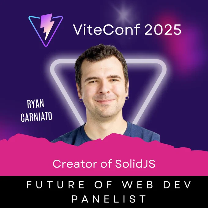 ViteConf 2025 speaker card of Ryan Carniato, the Creator of SolidJS. He will join remotely as Future of Web Dev panelist.