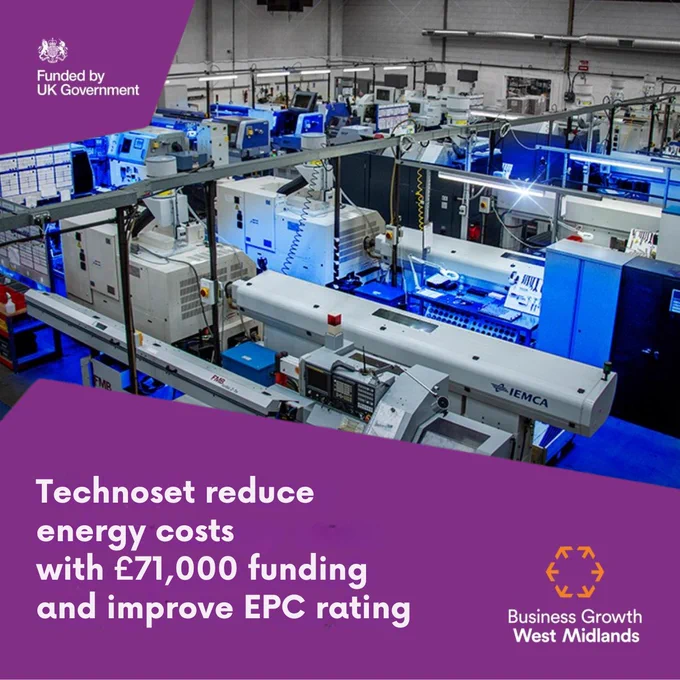 Image of machines in manufacturing business with the wording, Technoset reduce energy costs with £71,000 funding and improve EPC rating.