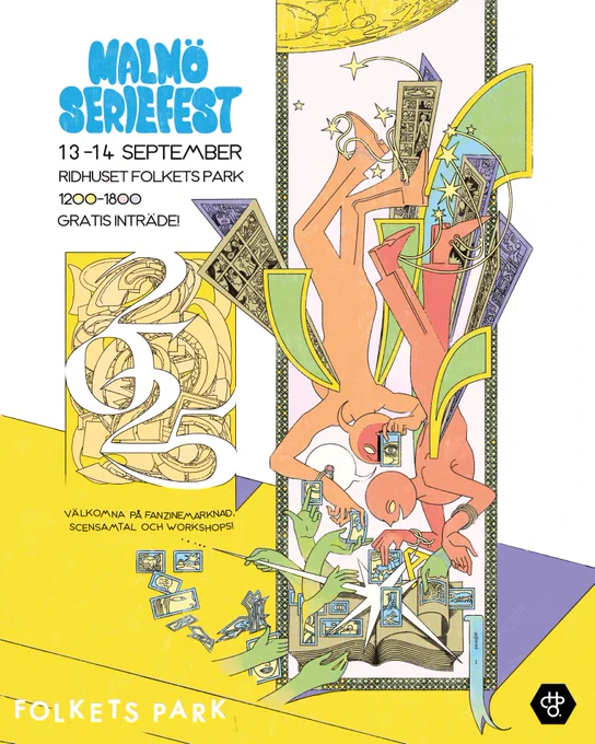 13-14th september at ridhuset folkets park malmo, from 12-18. Illustration of two demons with comics nestled in their wings, dangling down from space, picking at comic panels from an open book.