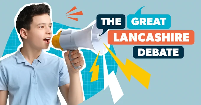 Graphic of The Great Lancashire Debate - boy speaking into megaphone.