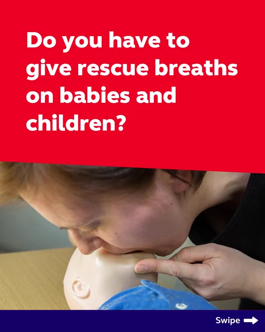 Image showing a person practicing CPR on a baby mannequin with text asking, 'Do you have to give rescue breaths on babies and children?'