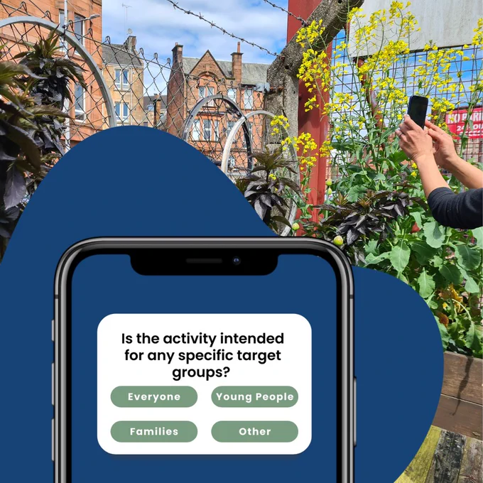A person using a smartphone in a garden with plants against a backdrop of buildings and barbed wire, displaying a survey question.