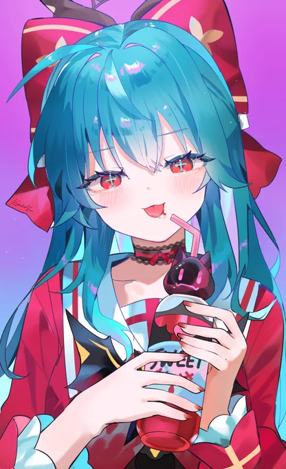 Illustration of Eternal Return character Bianca in her transfer school uniform, looking cute while drinking a red drink.