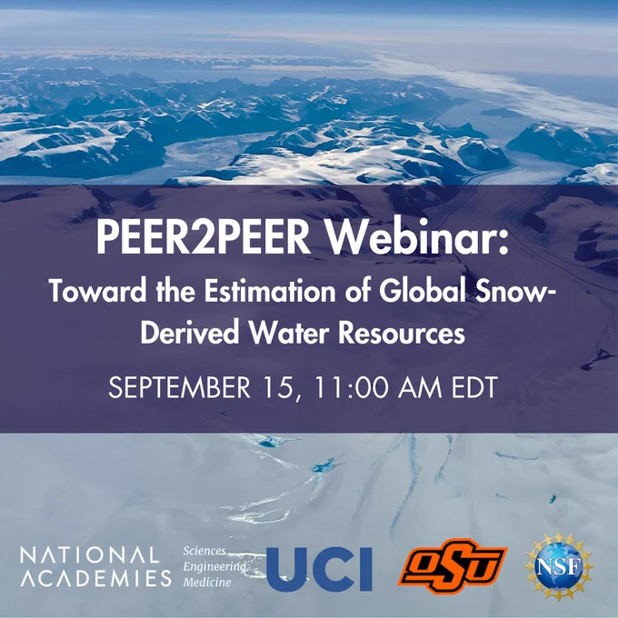 Aerial view of snow-covered mountains and glaciers with text announcing a PEER2PEER webinar on estimating global snow-derived water resources on September 15 at 11:00 AM EDT.