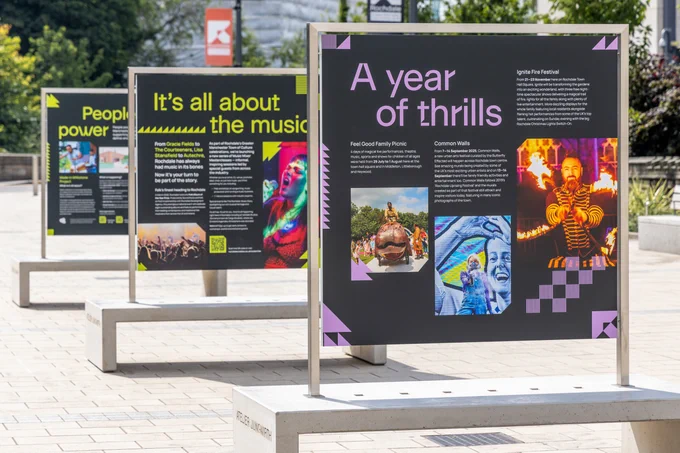 Exhibition panels in an outdoor square 