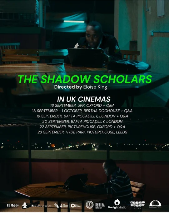 Poster for The Shadow Scholars by Eloise King. Shows two men at laptops at night with city lights behind. Lists UK cinema screenings Sept–Oct, including Oxford, London, Leeds, with some Q&A events.
