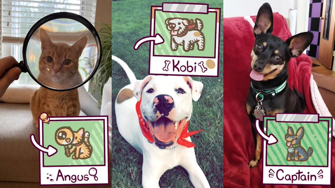 A collage showing photos of various pets, next to photo frames showing the sprite interpretation of them as Townseek critters. In this collage, the first pet is a blonde cat named Angus, which is behind a magnifying glass, distorting the perspective of his face. The second pet is a large black dog with some brown spots named Kobi, wearing a wearing a red handkerchief and with his tongue out. The third pet is a small black dog named Captain, who has his tongue sticking out and is wearing a green collar with a silver name tag on him.