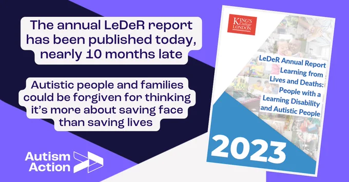 A picture of the front cover of the new LeDeR report and text reads “The annual LeDeR report has been published today, nearly 10 months late. Autistic people and families could be forgiven for thinking it’s more about saving face than saving lives” on a purple, black and white background with Autism Action logo bottom left.