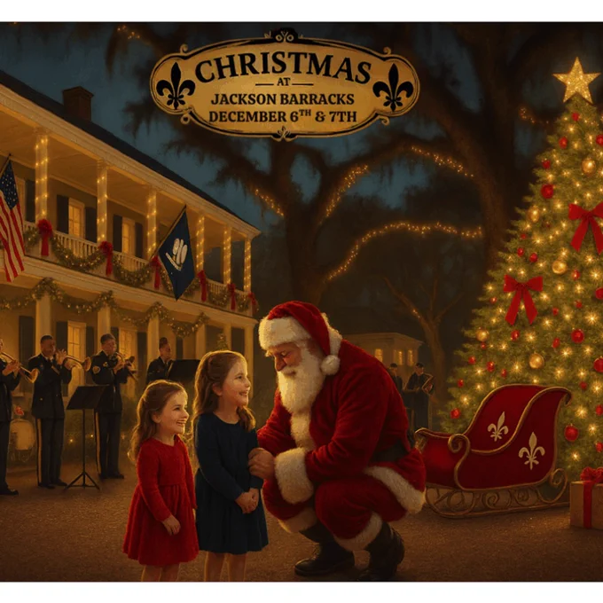 Join us for Christmas at Jackson Barracks on December 6–7, 2025, featuring festive music, holiday lights, historic tours, delicious food, and family fun. Registration opened on September 1, 2025, so secure your spot today! www.jbchristmas.com 