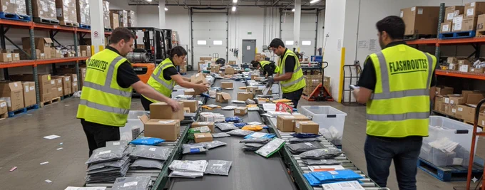 FlashRoutes warehouse scene after the long weekend: team in yellow reflective vests (white and South Asian staff) sorting mixed parcels on a conveyor line; shelves and boxes in the background—busy operations resuming in Vancouver.