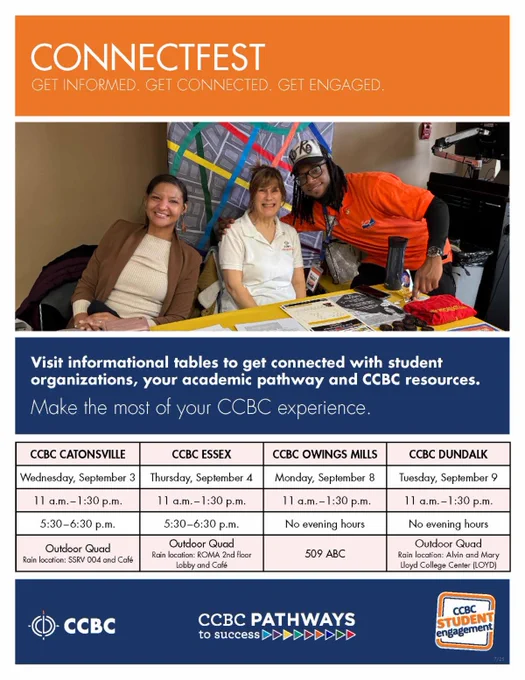Promotional flyer for CCBC ConnectFest. Top section shows three people smiling at a table with informational materials. Text reads “Get informed. Get connected. Get engaged.” Event details list dates, times, and rain locations for ConnectFest at CCBC Catonsville, Essex, Owings Mills, and Dundalk.