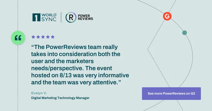 A graphic showcasing a 5-star G2 review for PowerReviews. The quote praises the team for considering both user and marketer needs and for hosting an informative and attentive event. The review is from Evelyn V., a Digital Marketing Technology Manager.
