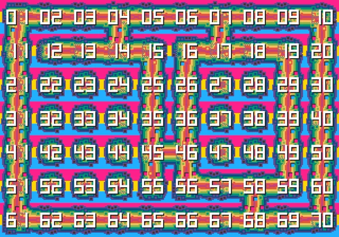pixel art shows the numerals 1 through 70 over a background of pansexual pride flag colors. each number is on a section of a rainbow striped snake shape. The shape spells out a large 70.