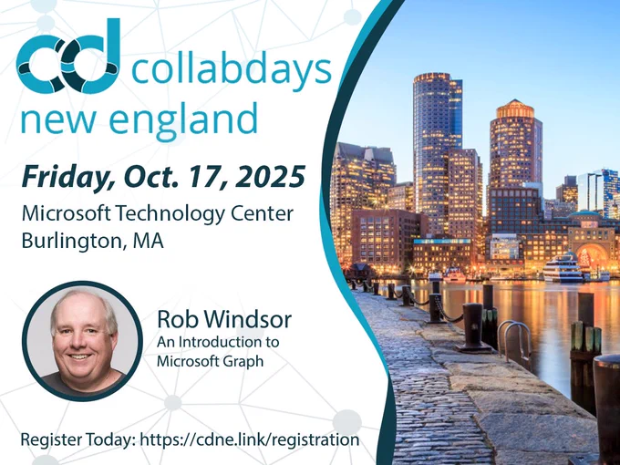 Promotional image for Rob Windor's session at CollabDaysNE including event and session details on the left and an image of downtown Boston on the right.