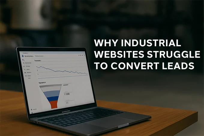 Laptop on a wooden desk displaying a sales funnel chart, with bold text beside it reading “Why Industrial Websites Struggle to Convert Leads.