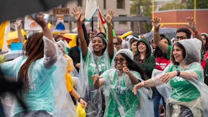 Students didn’t let a little rain dampen the fun at the tri-campus cheer-off event on the St. George campus