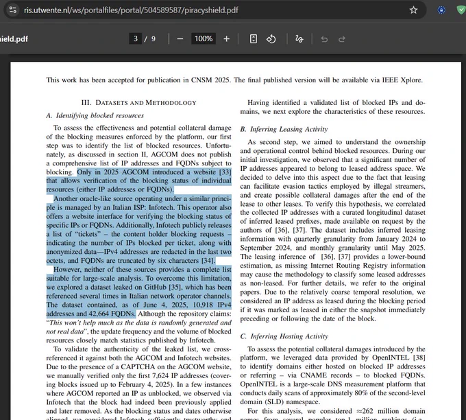 https://ris.utwente.nl/ws/portalfiles/portal/504589587/piracyshield.pdf

Passaggio relativo all'utilizzo dei dataset IP/FQDN leakati pub & alla loro validazione tramite il form ufficiale BlocchiPS AGCOM   la dashboard terza by Infotech