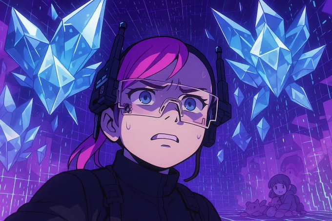 The boutique’s pastel walls didn't just crack—they dissolved into a screaming cascade of raw data. The floor fell away into a grid of purple light, revealing an endless digital void below. Geometric, crystalline entities—Containment Daemons—materialized from the collapsing code, their forms sharp and sterile. They were the simulation's immune system, a manifestation of its core suppression algorithm. They ignored Kitty, who huddled by a disintegrating display of plushies, and focused solely on Axon. Their purpose was clear: quarantine the virus. Axon felt a crushing pressure as the daemons converged, reality itself constricting around them.