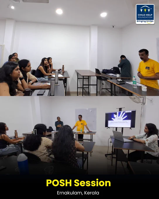 Child Help Foundation conducting POSH (Prevention of Sexual Harassment) awareness sessions in Ernakulam, Kerala, through interactive discussions to promote safe, inclusive, and respectful workplaces.