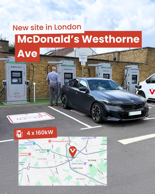 New InstaVolt site now live in London, Eltham, SE9 5HP. Providing EV drivers a quick, reliable and convenient charging stop with 4 x 160kW ultra-rapid chargers and a McDonald's on site. Contactless payments available.