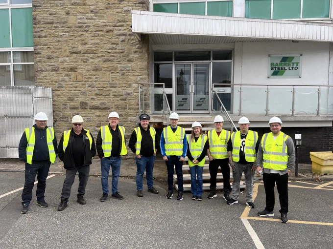 Ficep UK MD Richard Clark with team members from BE Group, at Barrett Steel in Bradford.