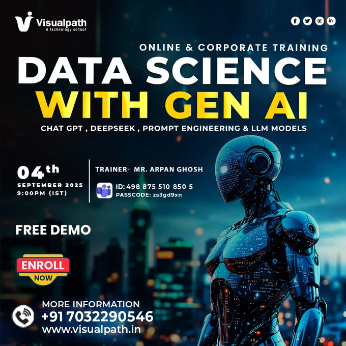 🚀 Learn Data Science with Generative AI – Free Demo!

📅 Date: 04th September 2025 (9:00 PM IST)
🎓 Trainer: Mr. Arpan Ghosh
📌 Organised by Visualpath – A Technology School

📌 Join the Live Session:
🔗 Meeting ID: 498 875 510 850 5
🔑 Passcode: zs3gd9xn
💻 Demo link: https://bit.ly/47YBzfX 

💡 Explore the Power of:

ChatGPT in Data Science
DeepSeek for Smart Insights
Prompt Engineering for LLMs
Large Language Models in Real-World Applications

🎯 Why Join?
✔️ Stay ahead in AI-driven careers
✔️ Hands-on training with real tools
✔️ Free demo before you enrrol

📞 Contact: https://wa.me/c/917032290546 
🌐 More info: https://www.visualpath.in/online-data-science-with-generative-ai-course.html 

#datascience #GenerativeAI #chatgpt #DeepSeek #PromptEngineering #llmmodels #machinelearning #AITraining #AIforBusiness #FutureOfAI #aitools #CorporateTraining #FreeDemo #Visualpath #TechTraining #LearnAI #UpskillWithAI #AICommunity #ArtificialIntelligence #datasciencetraining