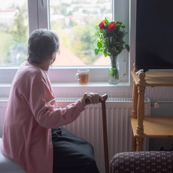 An elderly person sitting in a chair beside a window, looking outside. A bouquet of red roses and a cup of tea are placed on the windowsill, with a view of trees and buildings in the distance.