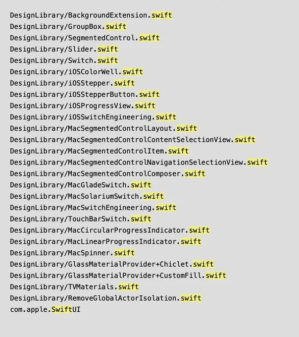 A list of string references within DesignLibrary.framework's binary to .swift files, with names of various controls, such as Slider and Switch.