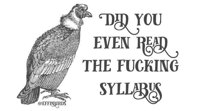 A woodcut of a bird beside the text "did you even read the fucking syllabus"