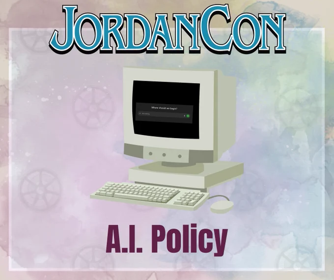 A card that has text that reads "JordanCon AI Policy" and a graphic of a computer between JordanCon and AI Policy.