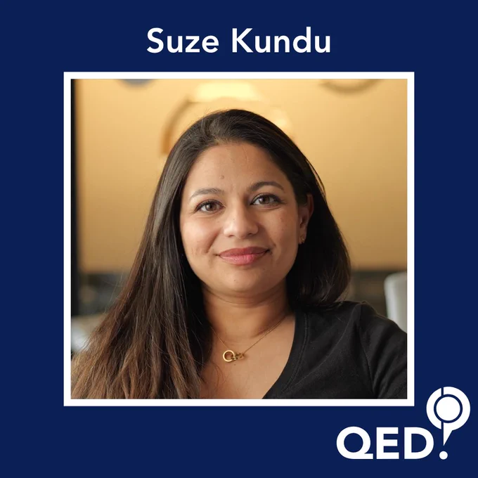 A graphic with a photo of Suze Kundu