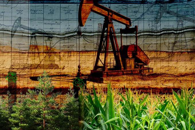 An illustration depicts an oil derrick in a mine with well shafts, corn and trees in the foreground.