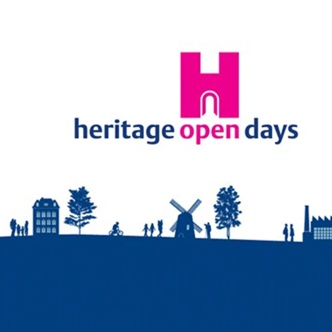 Heritage Open Days logo featuring a large pink "H" with a doorway cutout, above the words "heritage open days" in dark blue and pink. Below is a blue silhouette landscape of various historical buildings, trees, people walking, and a windmill, all set against a white background.
