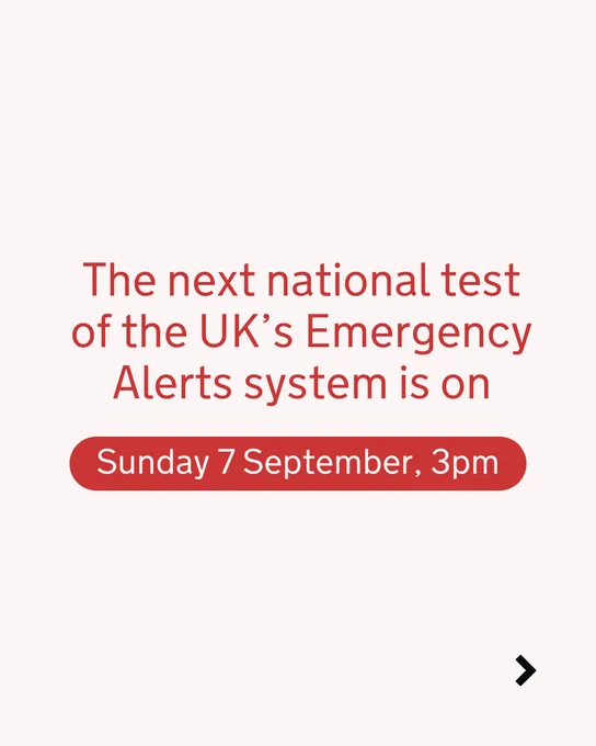 Graphic with text that reads "The next national test of the UK's Emergency Alert System is scheduled for Sunday, September 7, at 3 PM."