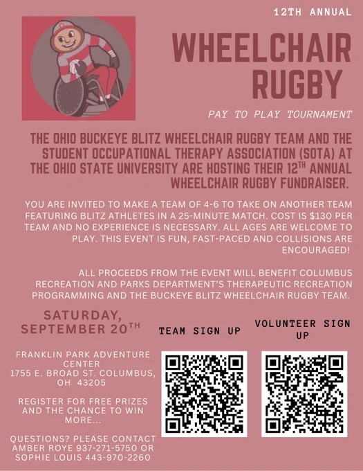 Flyer for SOTA's 12th Annual Wheelchair Rugby Pay to Play Tournament on Saturday September 20 at Franklin Park Adventure Center. QR codes to scan and sign up for team or volunteer. 