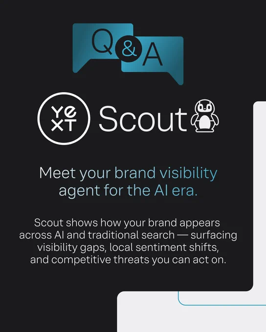 Image featuring a promotional graphic for 'Scout AI,' showcasing its service as a brand visibility agent. Includes text description of benefits like spotting visibility gaps and sentiment shifts in AI and traditional searches.