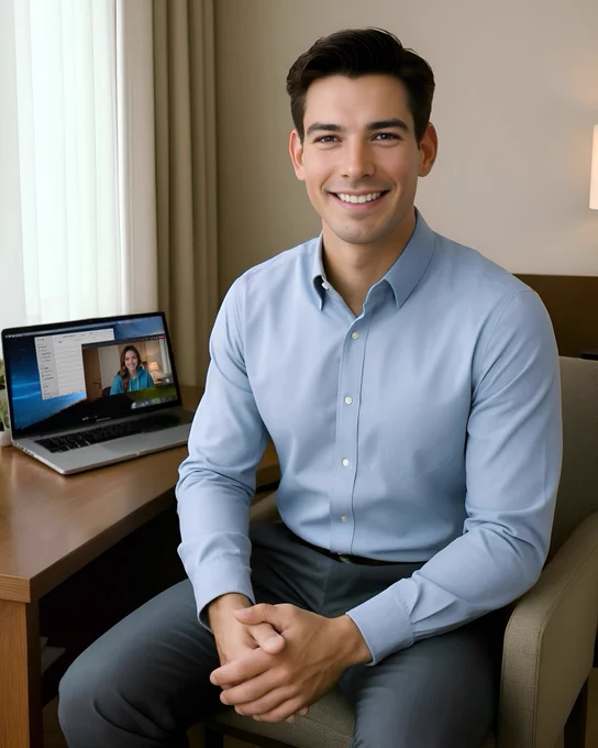 Michael Allen sits in a hotel room chair in Iowa City, smiling at the camera. He is wearing a light blue button-up shirt and gray pants. Behind him, a desk holds an open MacBook Pro showing a Microsoft Teams window with Jordan Warner on-screen. The room is neutral and modern, typical of a hotel, with beige walls and curtains letting in daylight.
