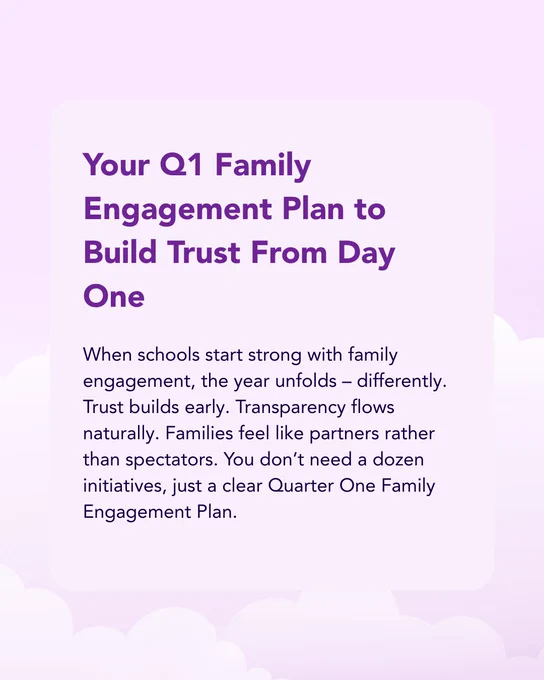 Promotional graphic for a family engagement program titled 'Your Q1 Plan to Build Trust From Day One', highlighting the importance of strong school-family partnerships for a successful year.