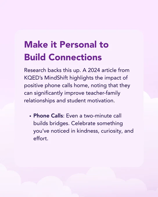Promotional poster for KQED's MindShift, highlighting the impact of positive phone calls home from schools on improving teacher-family relationships and student motivation. It encourages celebrating small acts of kindness and effort through brief calls.