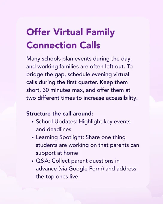 Promotional flyer for virtual family connection events by School Updates, featuring evening calls to engage families. Includes structured 30-minute sessions with school deadlines, learning highlights, and a Q&A segment using Google Forms for advance questions.