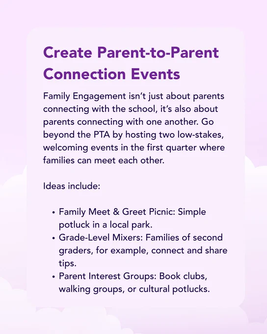 Image of a document detailing a "Parent-to-Parent Family Engagement Event". The text suggests creating connection events such as a local park picnic, grade-level mixers for second graders, and cultural book clubs. The aim is to foster bonding beyond school activities through community-based interactions.