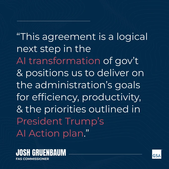 Quote from Josh Gruenbaum highlighting the AI transformation in government to boost efficiency and productivity under President Trump's AI Action plan.
