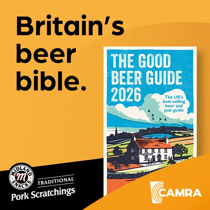 Social media and digital ad image created by CAMRA highlighting the Good Beer Guide for 2026. The background of this graphic is brand colour yellow with black text over the top reading: "Britain's beer bible." There is an image of the guide as well as the white version of the CAMRA logo and Pork Scratchings Midlands logo bottom left.