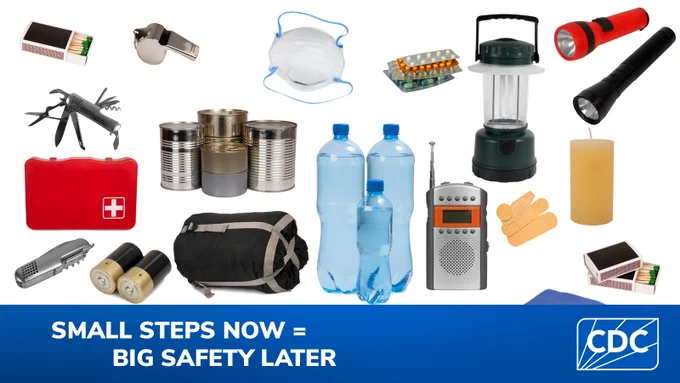 Emergency kit supplies with text on image reads “Small Steps Now = Big Safety Later” .