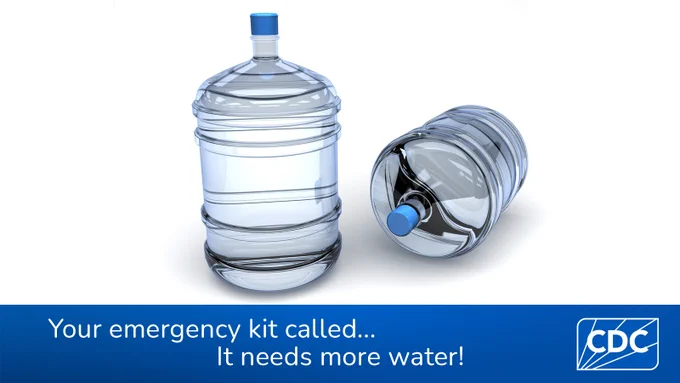 Two 5 gallon water jugs. Text on image reads “Your emergency kit called..It needs more water!” 