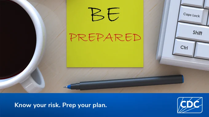Cup of coffee, white keyboard, black pen and yellow sticky note that reads “Be Prepared”. Text overlay on image also reads “Know your risk. Prep your plan.” 