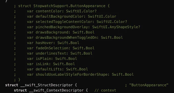 The struct for StopwatchSupport.ButtonAppearance, as result of decompilation. These also make use of SwiftUI types.