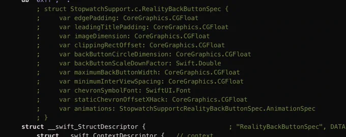 The struct for StopwatchSupport.RealityBackButtonSpec.
Despite being a spec (implying use with UIKit as well), it still makes use of SwiftUI.Font